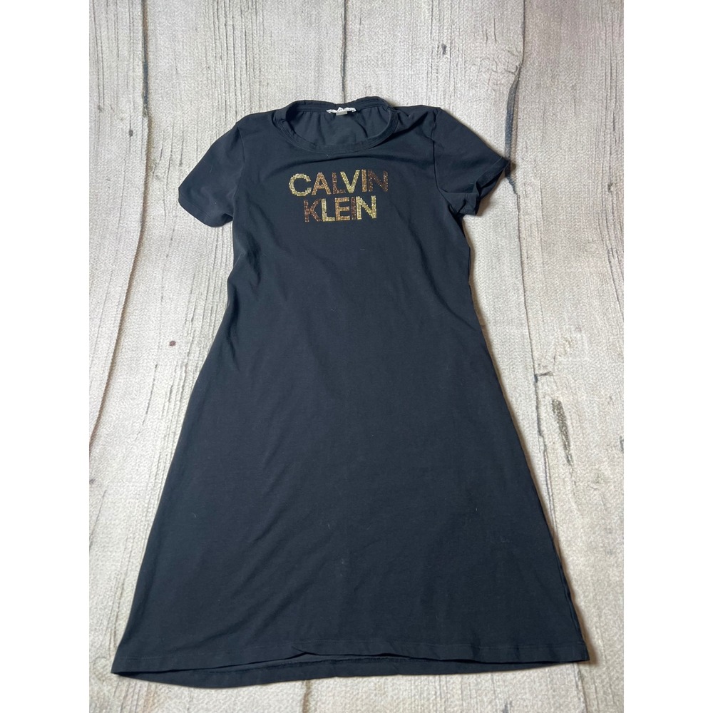 Calvin Klein T-Shirt Dress Women Small Black Rhinestone Logo Minimalist Bling‎